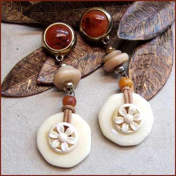 1970s Ethnic Big Marble Beads w Carnelian Vintage Pierced Earrings - Picture 1 of 6